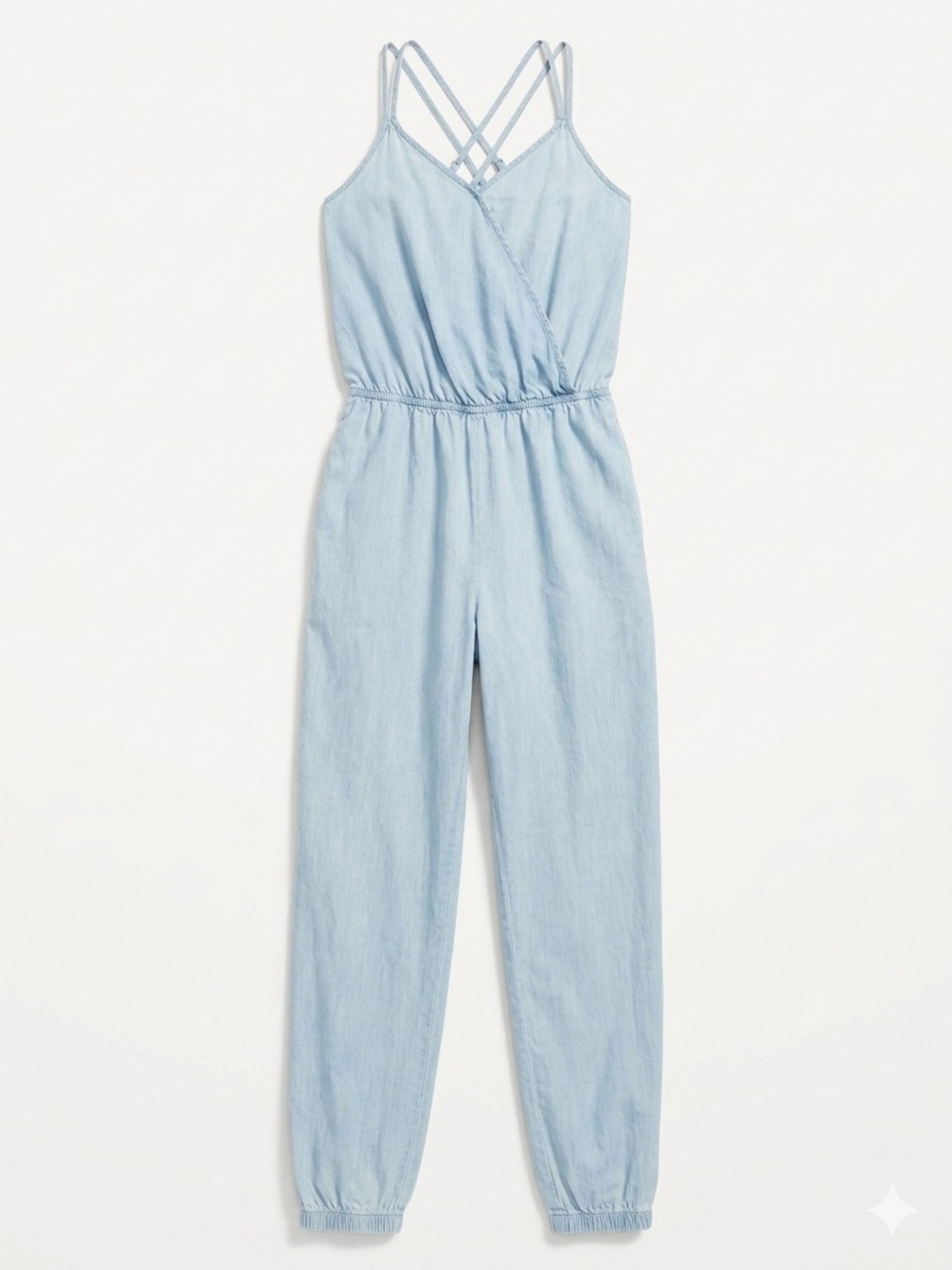Light Wash Chambray Jumpsuit with elastic waist and halter neck tie